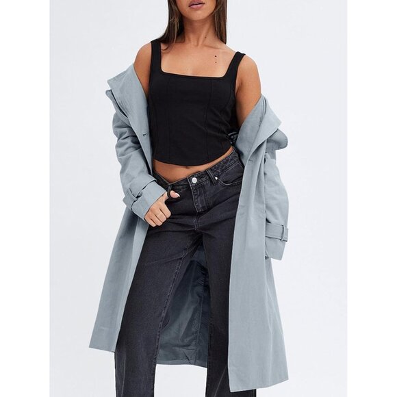 Women's Blue Double Breasted Causal Windproof Long Lapel Pocketed Trench Coats - Picture 2 of 5